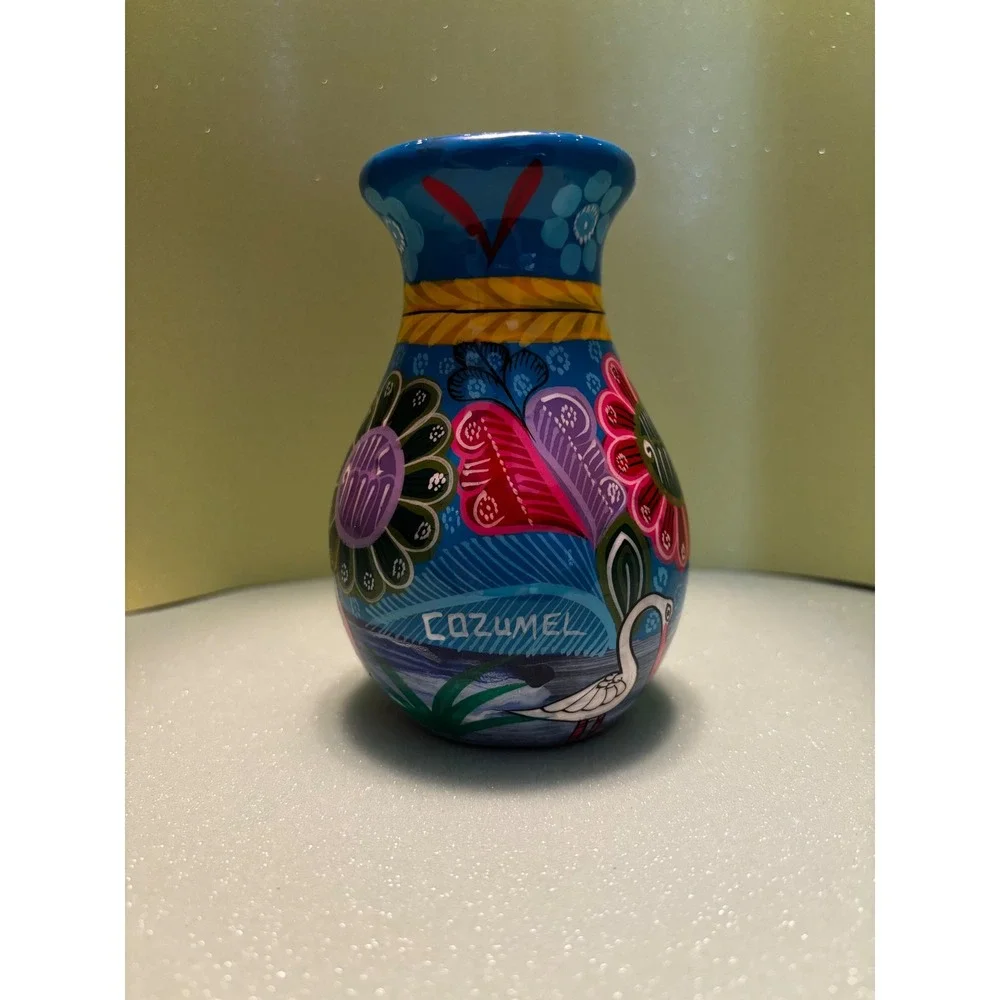 Cozumel Mexico Hand Painted Pottery Vase Floral Bird Folk Art Terracotta Blue
